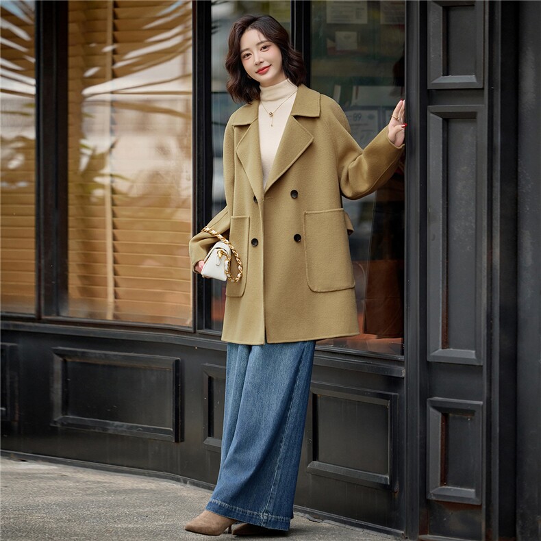 轻熟风时尚中长款毛呢大衣女2025秋冬新款宽松显瘦气质绵羊毛外套,女装双面呢大衣,欧米莱