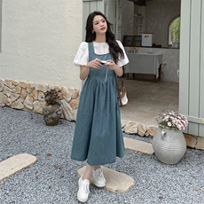 复古牛仔背带裙套装女2025夏季新款法式温柔风气质减龄休闲两件套，女装套装/套裙，慧尚2-185