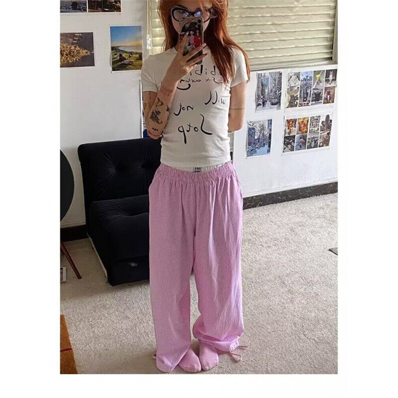 假两件冰丝条纹长裤男女夏季新款设计感休闲阔腿慵懒风显瘦直筒裤,男装休闲裤,星座506A