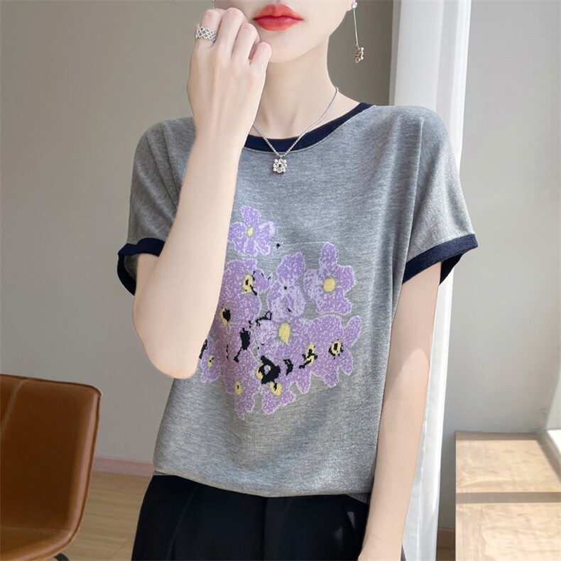 夏季新款莱赛尔天丝印花撞色圆领短袖女宽松百搭显瘦时尚上衣,女装T恤,暖娇绒包芯纱店