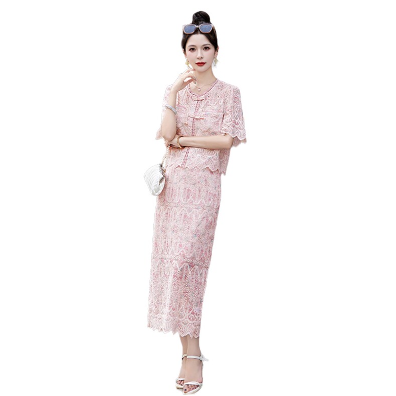 蕾丝半身裙小香风套装女夏短袖上衣两件套,女装套装/套裙,曼慕纤衣