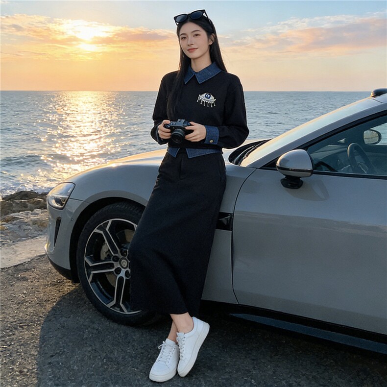 韩系高级时尚套装女春拼接色衣领衣袖设计绣花订珠卫衣半身裙套装,女装套装/套裙,江南