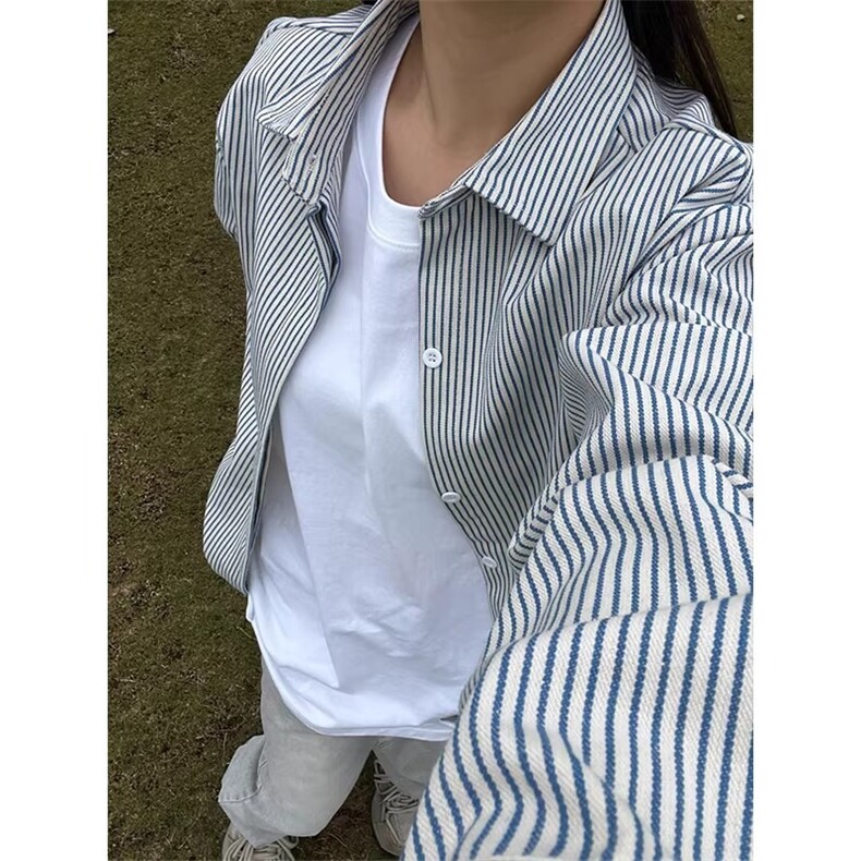 现货 美式宽松春季长袖条纹衬衫男C51/特P35图片