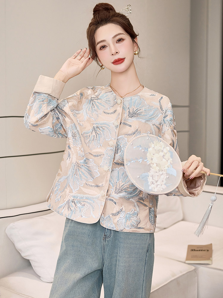 蓝色国风新中式刺绣圆领外套女装2025新款早春气质百搭显瘦上衣,女装短外套,天丝秀