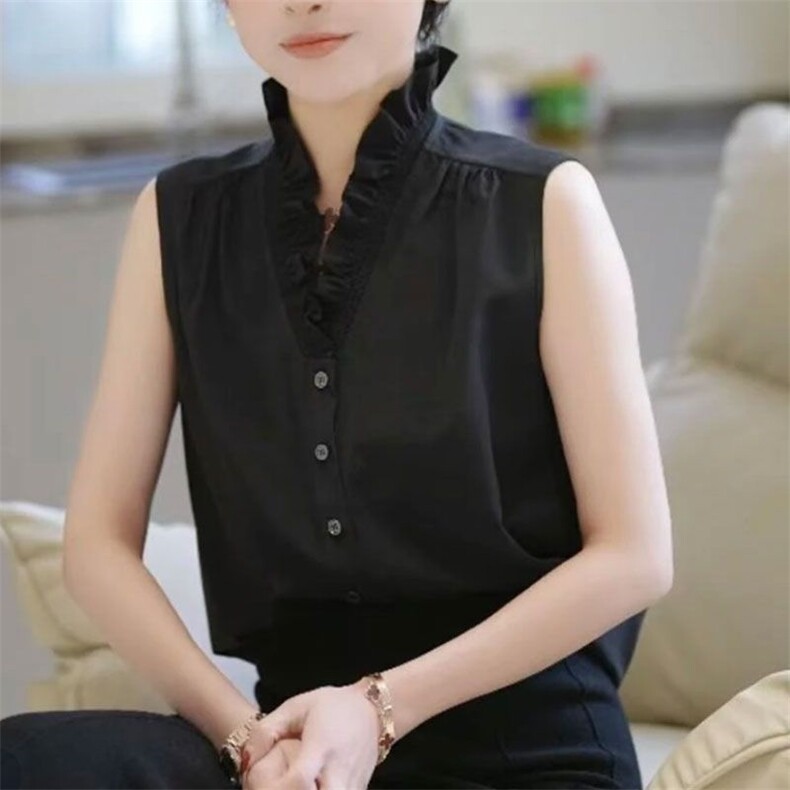 2025百搭荷叶边醋酸无袖上衣,女装T恤,雪兔电商全品类