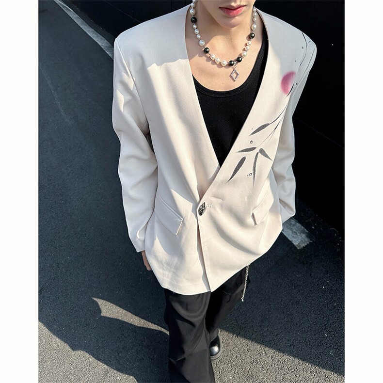 25新中式竹叶男士V领金属扣西装外套XZ121-P128，男装西服，电商B288