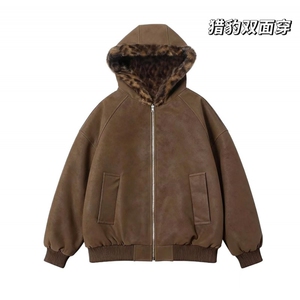网图慎用 座山雕荔枝纹双面穿PU皮豹加绒男女连帽棉衣PYM659 P100图片