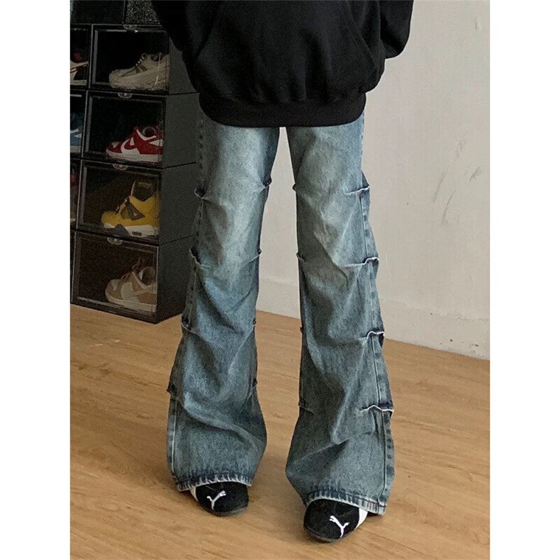 【有货】DK1013-P55水洗蓝色褶皱设计显高牛仔裤微喇宽松裤男图片