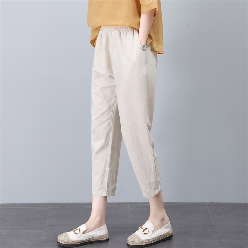 休闲裤女夏2024新款妈妈直筒小脚棉麻九分裤萝卜裤显瘦亚麻哈伦裤，女装休闲裤，希欧阁