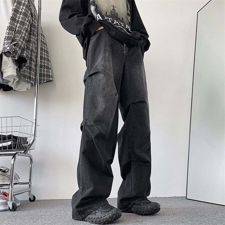 美式复古设计感褶皱直筒牛仔裤男潮牌高街显瘦水洗长裤H0121-P45,男装牛仔裤,星座1008