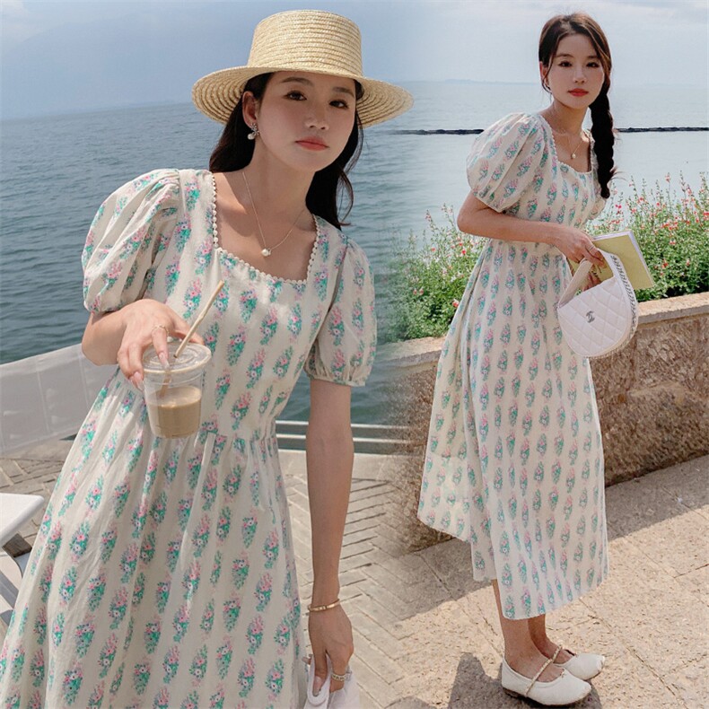 法式复古气质方领碎花连衣裙女2025夏季新款韩版收腰显瘦茶歇长裙图片