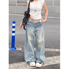 美式复古口袋刺绣牛仔裤宽松高腰显瘦阔腿裤拖地长裤男女N26，男装牛仔裤，星座1116A（原606A-3）