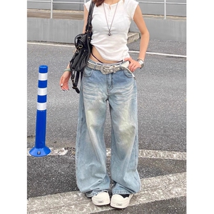 美式复古口袋刺绣牛仔裤宽松高腰显瘦阔腿裤拖地长裤男女 N26图片