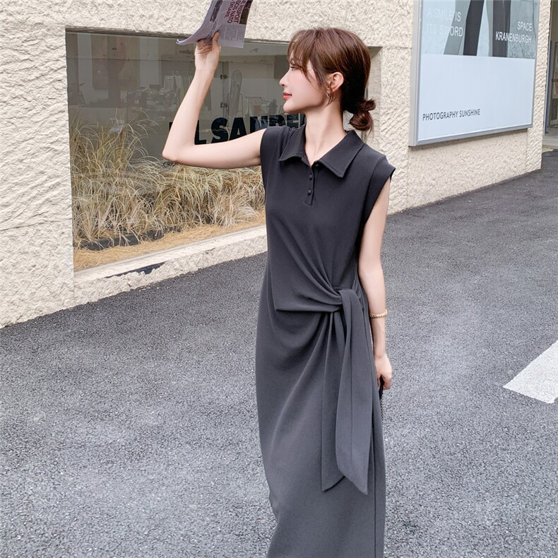 深灰色无袖衬衫连衣裙女夏季2025年新款韩系设计感绑带显瘦背心裙图片