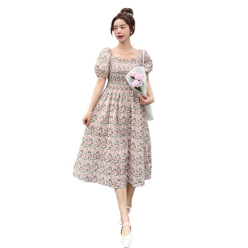 《48H发》气质方领灯笼袖碎花连衣裙,女装连衣裙,凯芙莉服饰