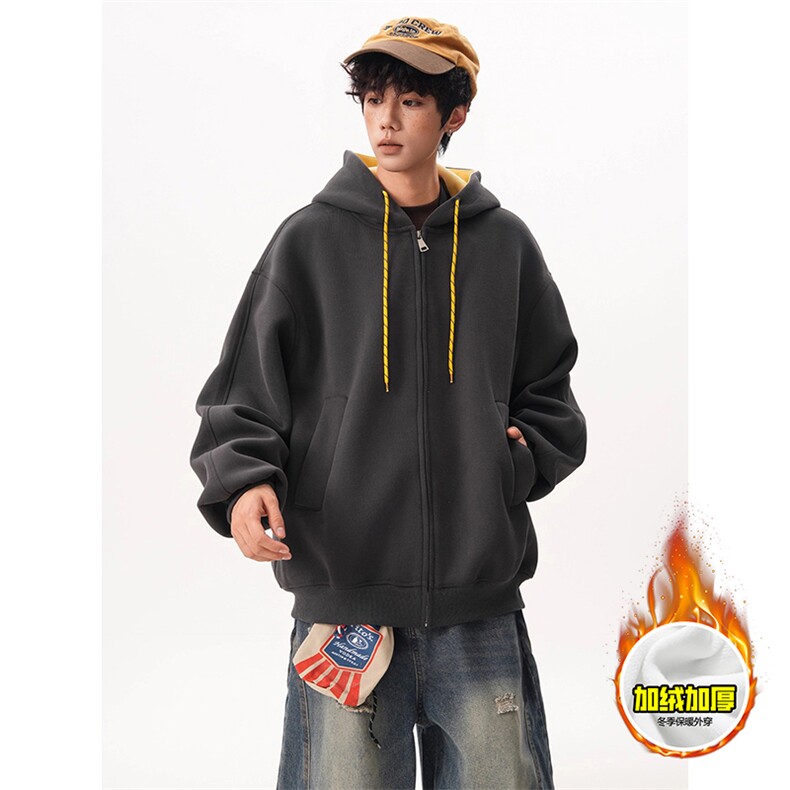 480G重磅加绒硬挺boxy男女秋冬美式高街双层撞色连帽卫衣开衫外套，女装短外套，电商A486