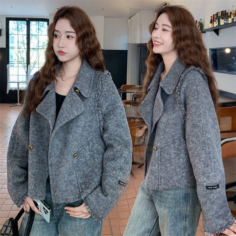 现货主推2025秋冬新款流苏双排扣西装领双面羊毛呢女外套,女装双面呢大衣,丝露依尚（原SL）