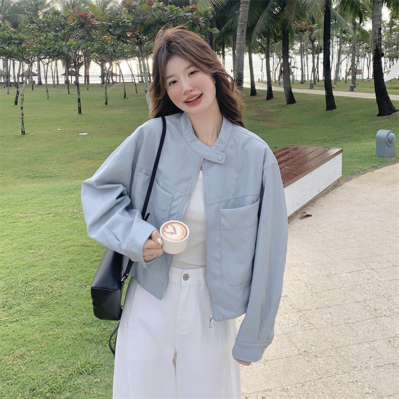 又酷又飒蓝色短款立领工装皮衣外套女春秋2025年新款时尚复古夹克,女装皮衣,2C301