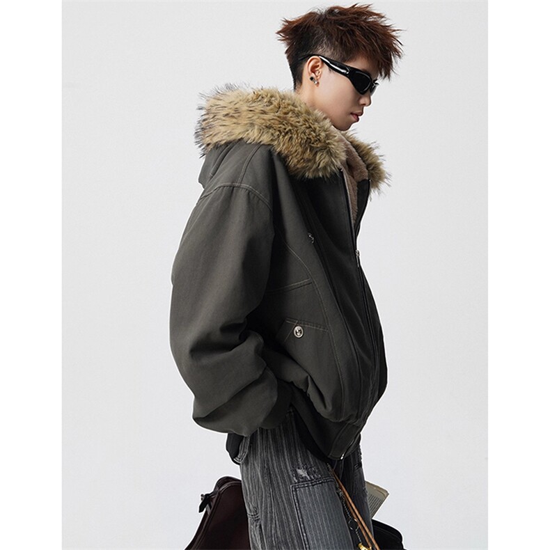 现货重磅boxy短款棉衣座山雕大毛毛领男女棉服水洗工装厚外套,男装棉衣,电商A486