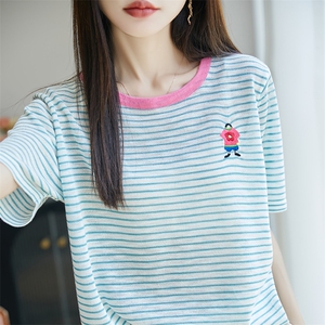 夏季竹节麻针织短袖T恤女圆领条纹刺绣拼色上衣宽松套头半袖打底图片
