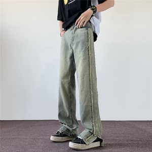 毛边拼接牛仔裤男夏季美式高街潮牌痞帅开叉微喇裤子 2019-P45图片