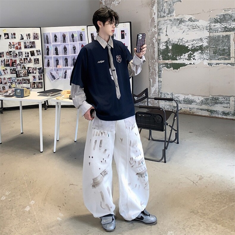 美式潮牌手绘白牛仔库男女直筒春夏时尚复古宽松弯刀,男装休闲裤,星座506A