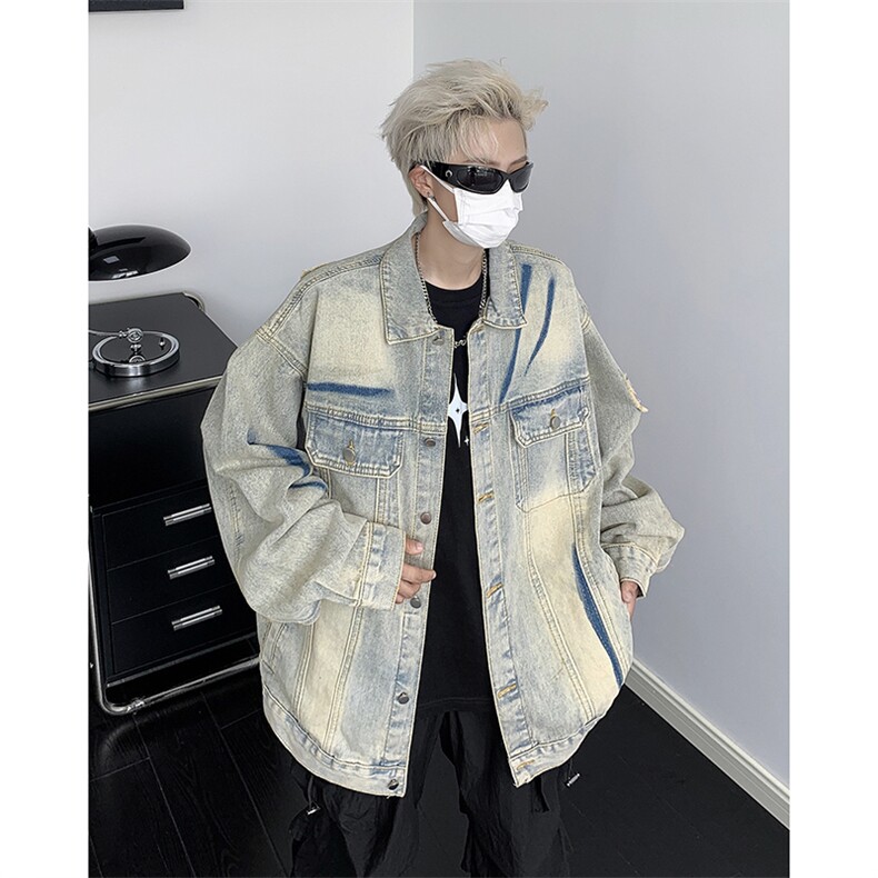 美式复古水洗牛仔外套男春秋高街破洞夹克上衣1001-1-WT049-P70图片