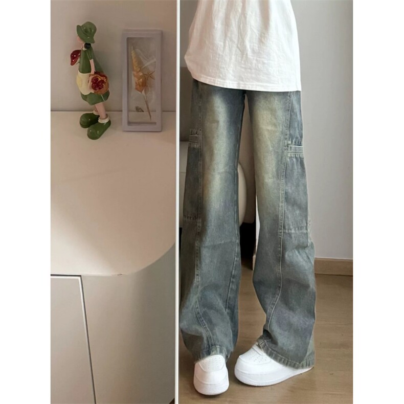 美式复古拼接多口袋工装百搭设计牛仔裤男女宽松直筒长裤W787 p42图片