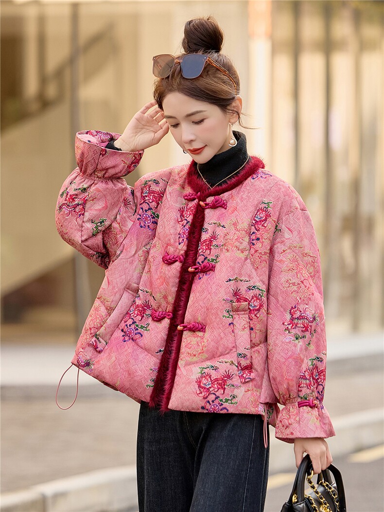 《欧货bao款现货》新中式100仁丝高档提花面料90羽绒服真水貂毛,女装羽绒服,众宇琦