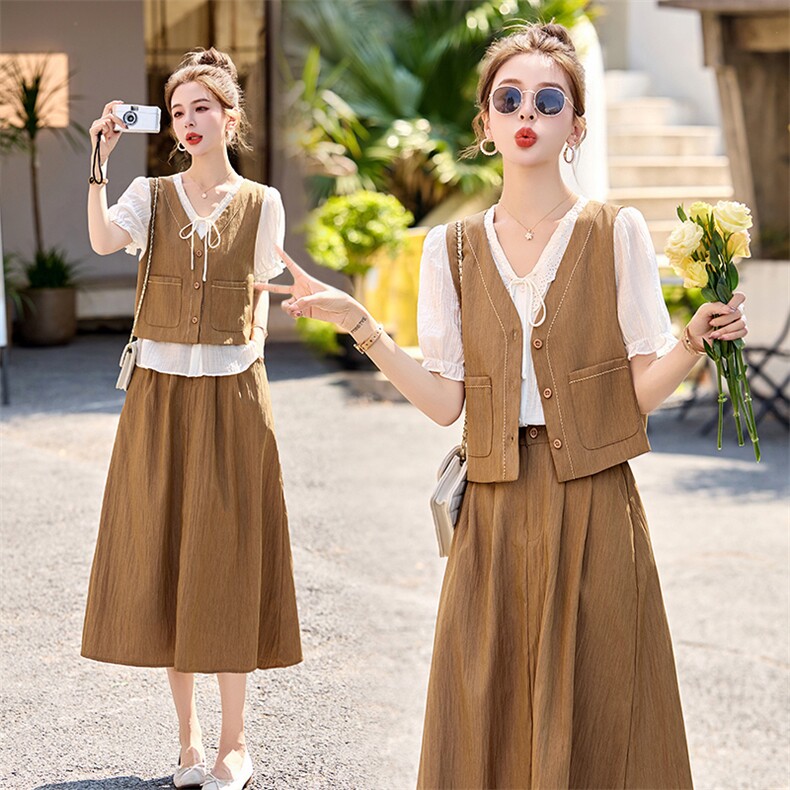 品牌折扣外贸清仓捡漏套装女夏新款气质时尚马甲韩系半身裙三件套，女装套装/套裙，采品优优