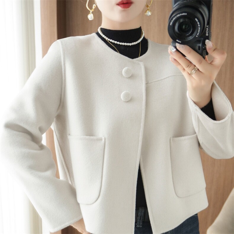 小香风圆领双面呢短款上衣24新款韩版羊毛呢外套高级感呢子披肩，女装双面呢大衣，悦洋羊绒