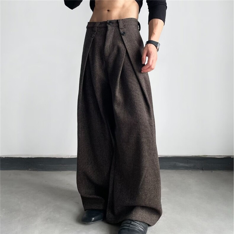 H918-P60老钱风千鸟格A字打褶西裤男垂感抗皱微喇裤子,男装西裤,电商B323A