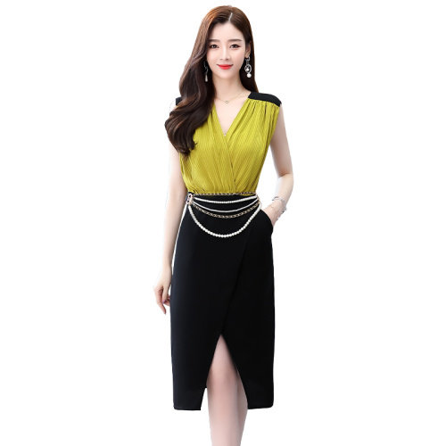 2023夏季新款时尚优雅气质V领撞色拼接收腰显瘦修身连衣裙,女装连衣裙,卡杰菲