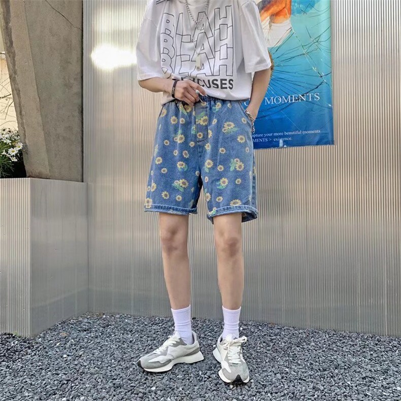 牛仔五分裤男小雏菊印花休闲短裤男港风G278P38,男装牛仔裤,星座1116-2