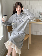 灰色连帽卫衣套装女春2025新款学院风减龄木耳边拼接半身裙两件套，女装套装/套裙，天使之佳话