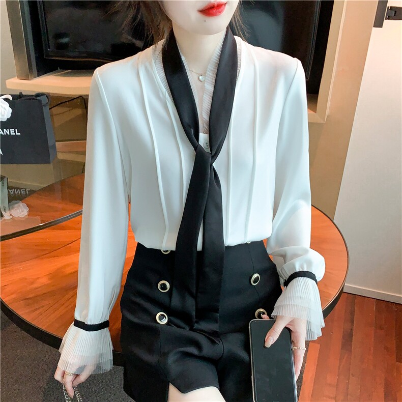 春季新款领带蝴蝶结雪纺衫白色气质职业衬衫喇叭袖仙女上衣,女装衬衫,美吧服饰