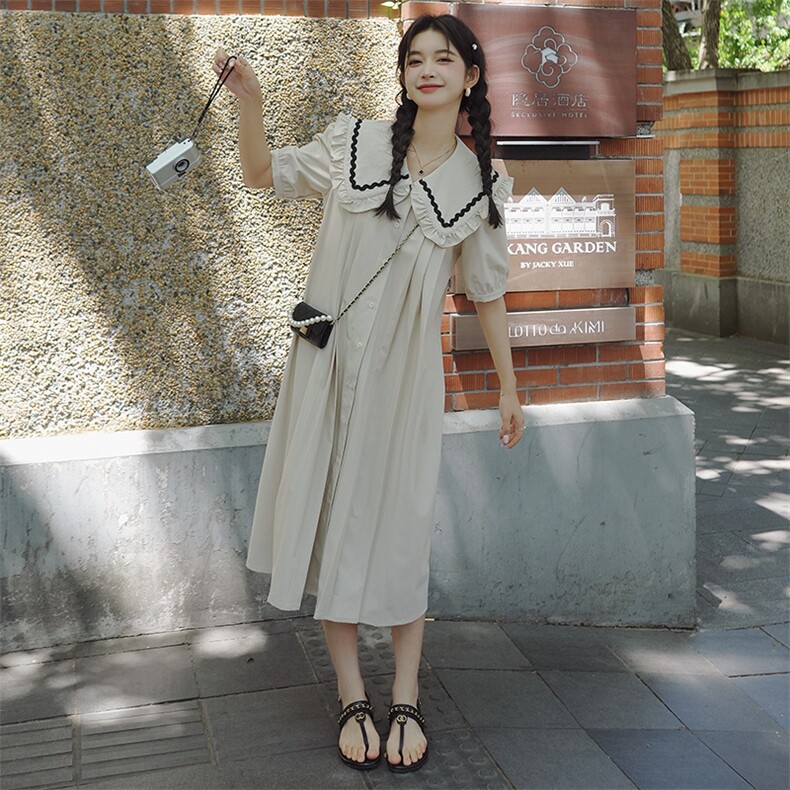 减龄开衫海军娃娃领杏色连衣裙女夏季2025新款初恋清纯奶甜长裙子,女装连衣裙,浙宝276（原081）