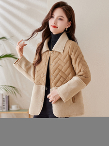 羊羔毛拼接轻薄羽绒棉服女2024冬新款时尚菱格夹棉保暖棉服小棉袄图片