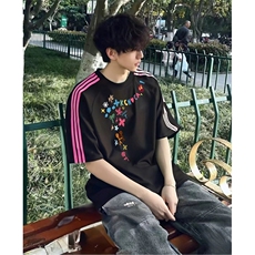 抖音得物品质二开240克宽松纯棉美式潮牌印花三条杠中性风短袖T恤，男装T恤，电商A486