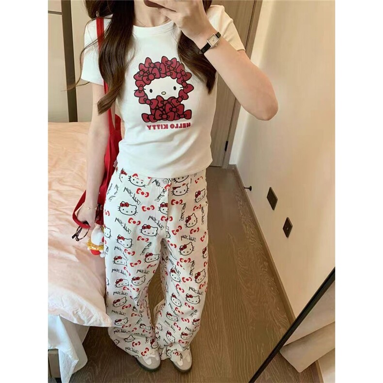 满印HelloKitty白色阔腿裤女夏宽松显瘦直筒裤慵懒百搭休闲拖地裤,男装休闲裤,星座1210-1