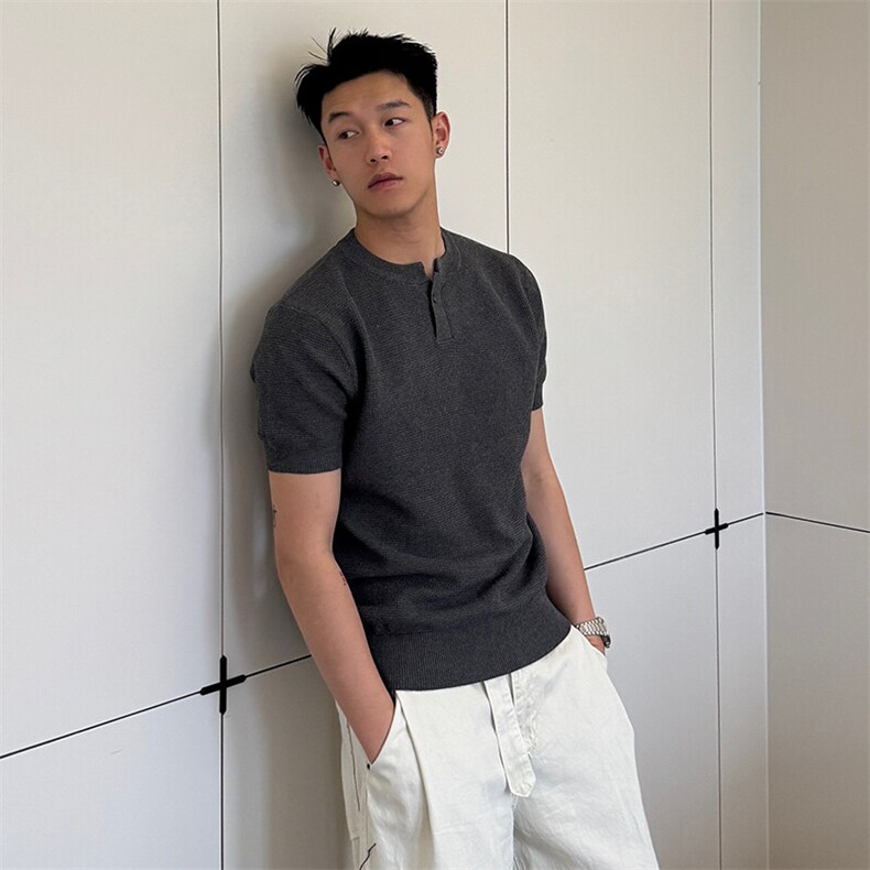 针织短袖V领Polo薄款波罗纹77090-P55，男装Polo衫，电商D342