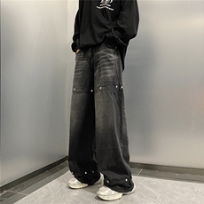 复古高街朋克风铆钉设计牛仔裤男潮牌宽松阔腿牛仔裤GN8550-P52，男装牛仔裤，星座1001-1