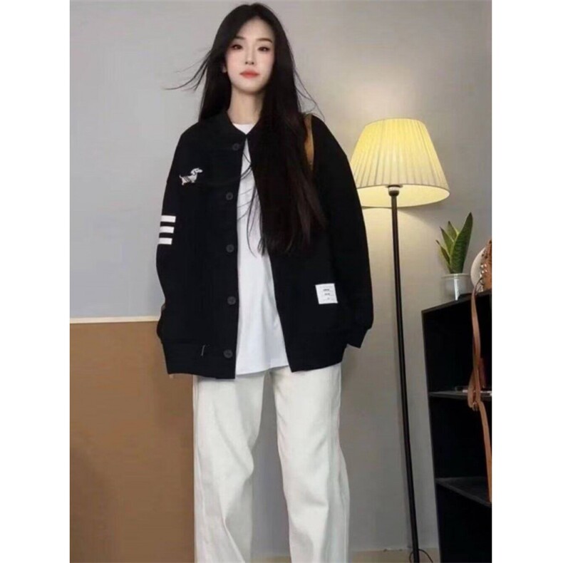 高街学院风边条开衫棒球服外套女春秋款宽松百搭慵懒风长袖上衣,女装短外套,星座506A