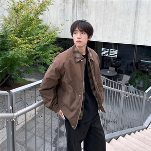 古着vintage棕色外套男秋冬美拉德穿搭假两件夹克棉服翻领棒球服图片