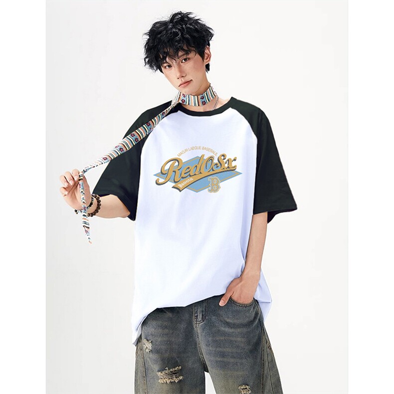 抖音得物高品质二开240克宽松纯棉美式潮牌插肩袖拼接短袖T恤，男装T恤，电商A486