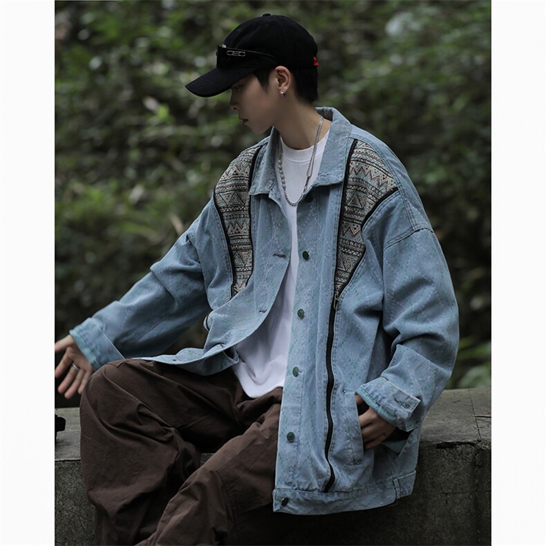 Wt099-P72山系宽松型腰果花拼接牛仔夹克,男装夹克,星座1501-1