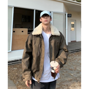 现货 美式宽松浅棕色翻领拼接夹棉夹克男JK162/P100图片