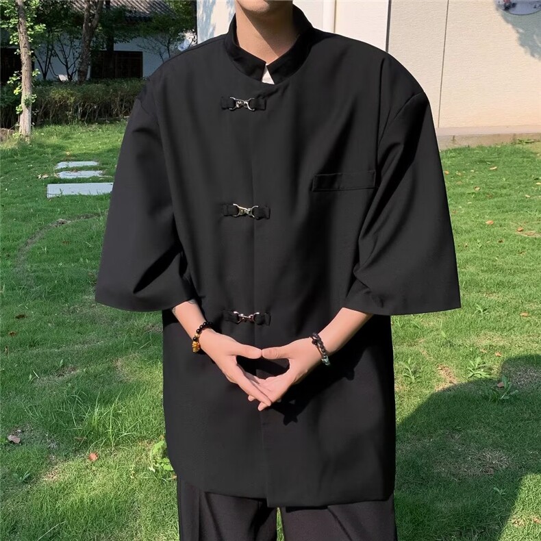 暗黑风夏季新款衬衫潮流慵懒男西装布垂感西装衬衫 P42图片