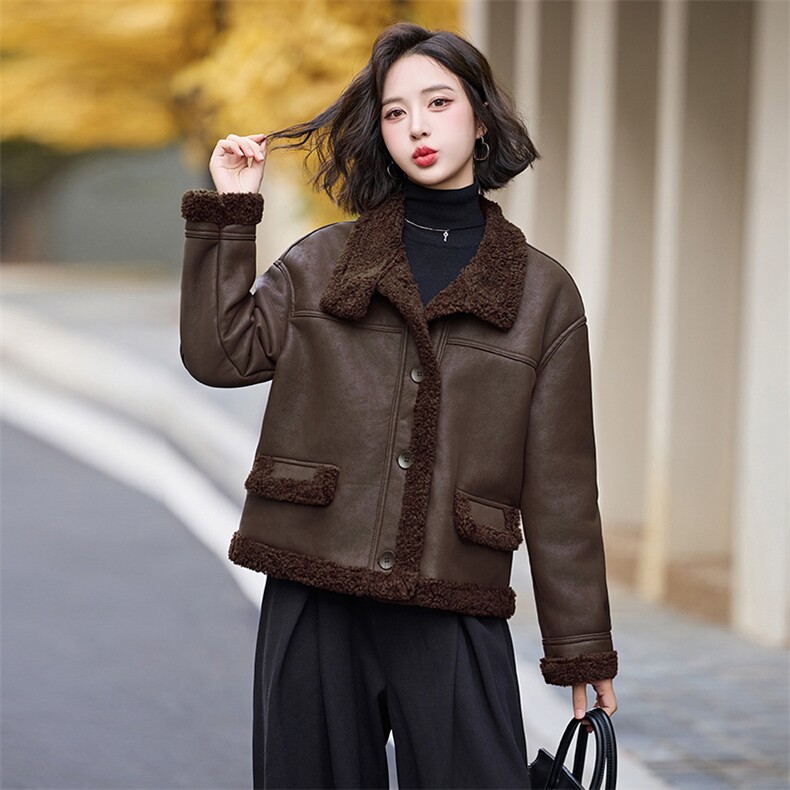 现货皮毛一体羊羔毛外套女短款2024秋冬新款加绒加厚外套,女装羊羔毛/颗粒绒,跑量工厂店
