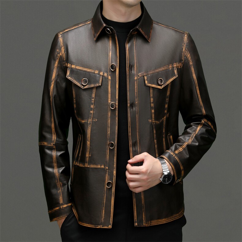 秋冬新款海宁皮衣男牛皮夹克商务休闲男装翻领外套工装P950，男装皮衣，电商B360